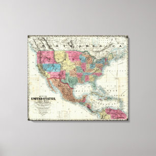 Map Of The United States, Canada, Mexico Canvas Print