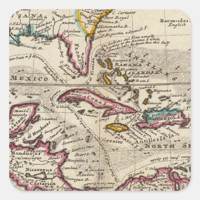 Map of the West Indies, Mexico or New Spain Square Sticker (Front)