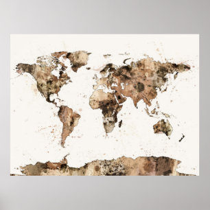 Map of the World Map Sepia Watercolor Poster