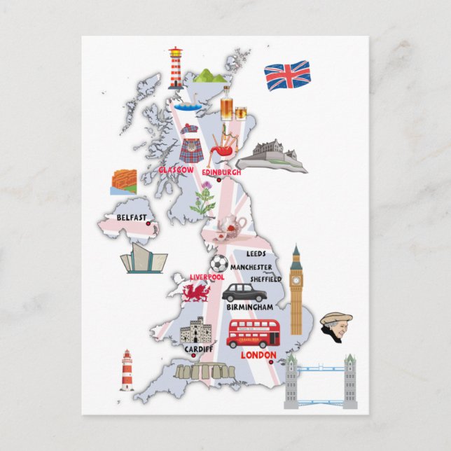  MAP OF UK ILLUSTRATED MAP OF UNITED KINGDOM  POSTCARD (Front)
