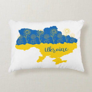 Map of Ukraine with sunflower and Ukrainian flag Accent Pillow