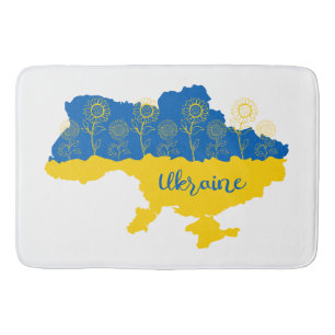 Map of Ukraine with sunflower and Ukrainian flag Bath Mat