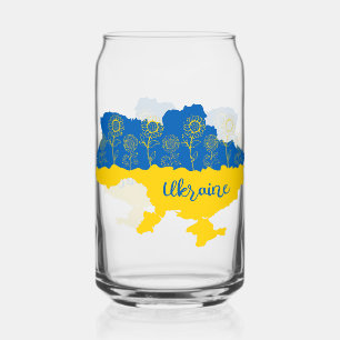 Map of Ukraine with sunflower and Ukrainian flag Can Glass