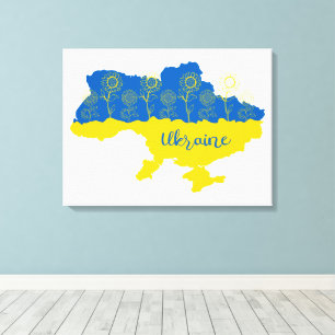 Map of Ukraine with sunflower and Ukrainian flag Canvas Print
