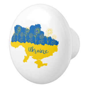 Map of Ukraine with sunflower and Ukrainian flag Ceramic Knob
