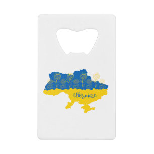 Map of Ukraine with sunflower and Ukrainian flag Credit Card Bottle Opener