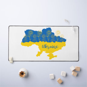 Map of Ukraine with sunflower and Ukrainian flag Desk Mat