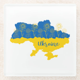 Map of Ukraine with sunflower and Ukrainian flag Glass Coaster