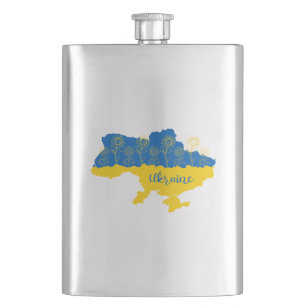 Map of Ukraine with sunflower and Ukrainian flag Hip Flask