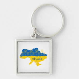Map of Ukraine with sunflower and Ukrainian flag Keychain