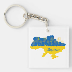 Map of Ukraine with sunflower and Ukrainian flag Keychain