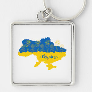 Map of Ukraine with sunflower and Ukrainian flag Keychain