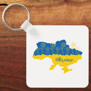 Map of Ukraine with sunflower and Ukrainian flag Keychain