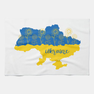 Map of Ukraine with sunflower and Ukrainian flag Kitchen Towel
