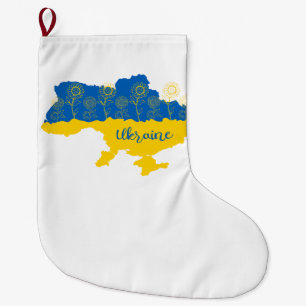 Map of Ukraine with sunflower and Ukrainian flag Large Christmas Stocking
