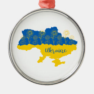 Map of Ukraine with sunflower and Ukrainian flag Metal Ornament