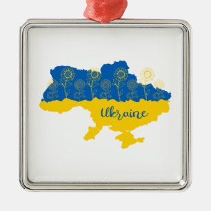 Map of Ukraine with sunflower and Ukrainian flag Metal Ornament