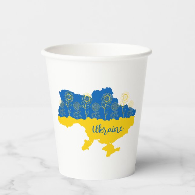 Map of Ukraine with sunflower and Ukrainian flag Paper Cups (Front)