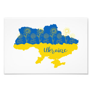 Map of Ukraine with sunflower and Ukrainian flag Photo Print