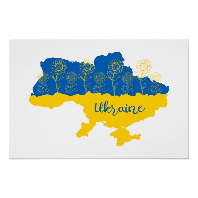 Map of Ukraine with sunflower and Ukrainian flag Poster (Front)