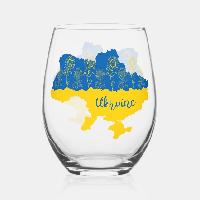 Map of Ukraine with sunflower and Ukrainian flag Stemless Wine Glass (Front)