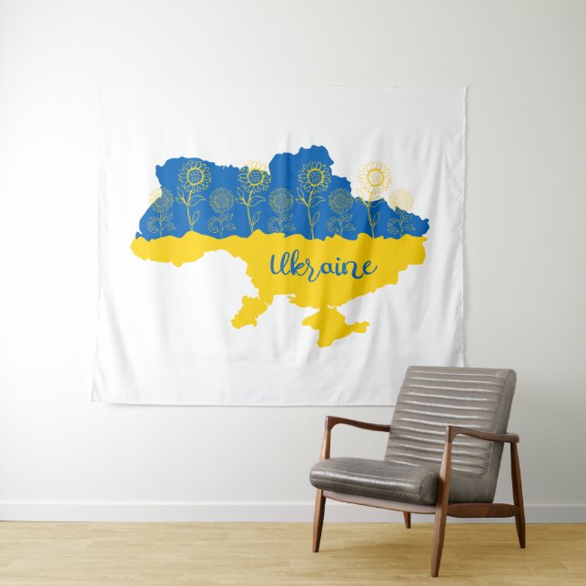 Map of Ukraine with sunflower and Ukrainian flag Tapestry (In Situ (Horizontal))