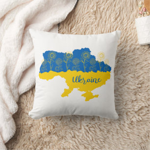 Map of Ukraine with sunflower and Ukrainian flag Throw Pillow