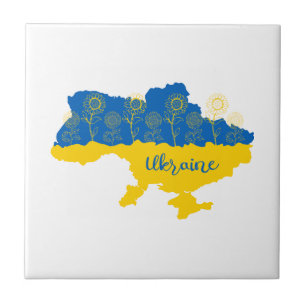 Map of Ukraine with sunflower and Ukrainian flag Tile