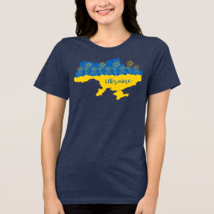 Map of Ukraine with sunflower and Ukrainian flag Tri-Blend Shirt