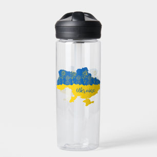 Map of Ukraine with sunflower and Ukrainian flag Water Bottle