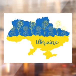 Map of Ukraine with sunflower and Ukrainian flag Window Cling