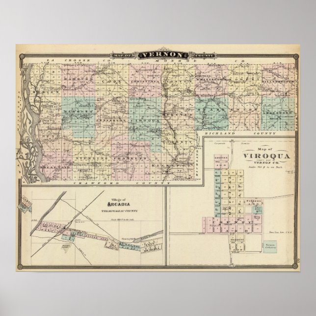Map of Vernon County, Arcadia and Viroqua Poster (Front)