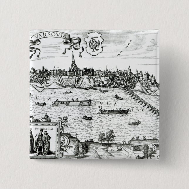 Map of Warsaw, from 'Civitates Orbis Terrarum' by 2 Inch Square Button (Front)
