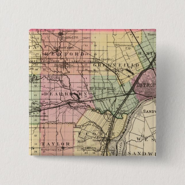 Map of Wayne County, Michigan 2 Inch Square Button (Front)