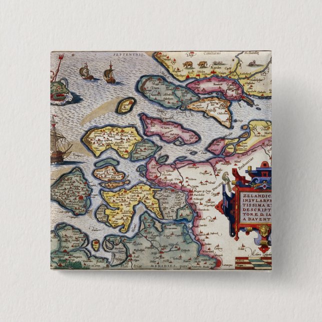 Map of Zeeland, c.1560 2 Inch Square Button (Front)