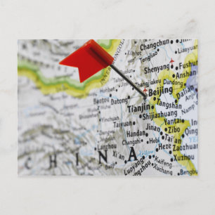 Map pin placed in Beijing, China on map, Postcard