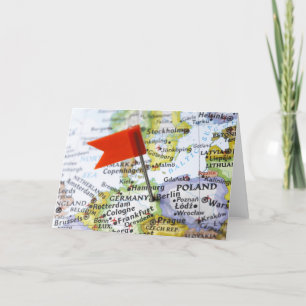Map pin placed in Berlin, Germany on map, Card