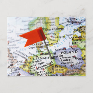 Map pin placed in Berlin, Germany on map, Postcard