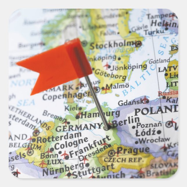 Map pin placed in Berlin, Germany on map, Square Sticker (Front)