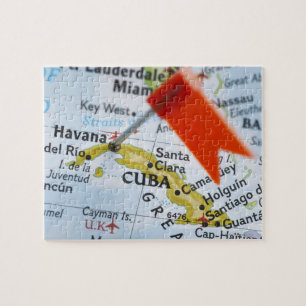 Map pin placed in Havana, Cuba on map, close-up Jigsaw Puzzle