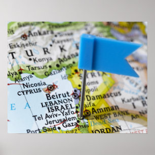 Map pin placed in Jerusalem, Israel on map, Poster