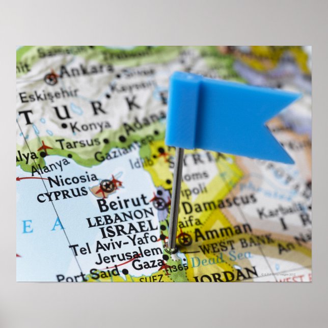 Map pin placed in Jerusalem, Israel on map, Poster (Front)