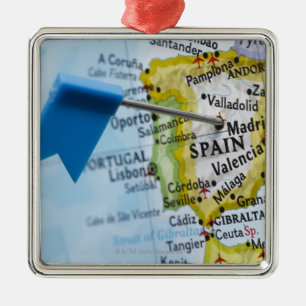 Map pin placed in Madrid, Spain on map, close-up Metal Ornament