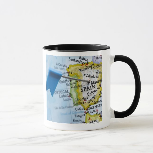 Map pin placed in Madrid, Spain on map, close-up Mug (Right)