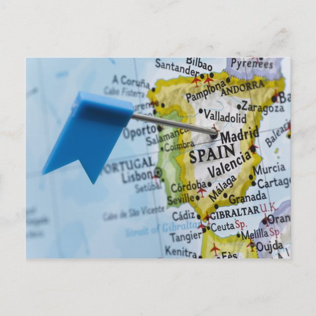 Map pin placed in Madrid, Spain on map, close-up Postcard (Front)