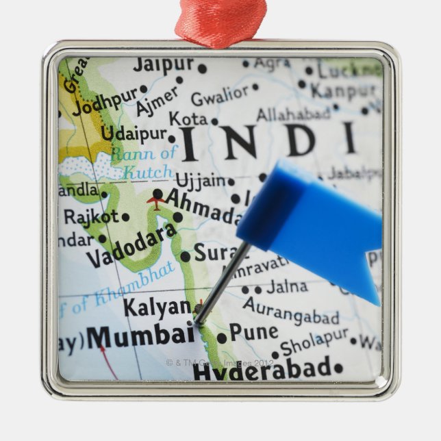 Map pin placed in Mumbai, India on map, close-up Metal Ornament (Front)