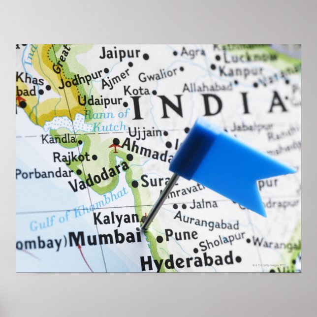 Map pin placed in Mumbai, India on map, close-up Poster (Front)
