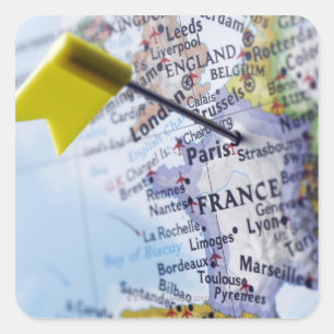 Map pin placed in Paris, France on map, close-up Square Sticker
