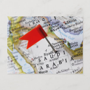 Map pin placed in Riyadh, Saudi Arabia on map, Postcard