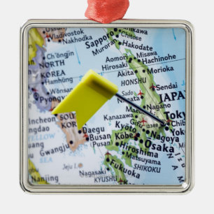 Map pin placed in Tokyo, Japan on map, close-up Metal Ornament